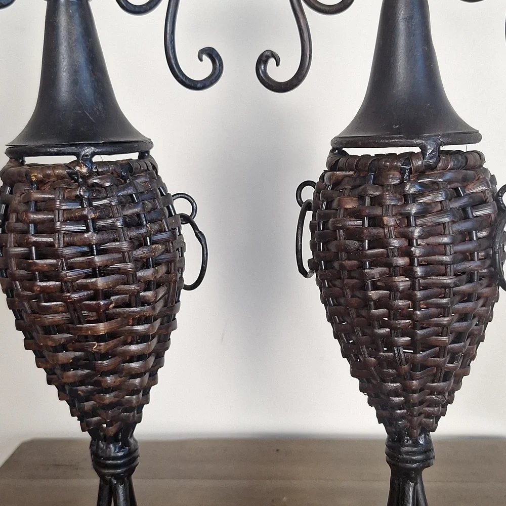 Pair Of Wrought Iron And Brown Wicker Candle Holders